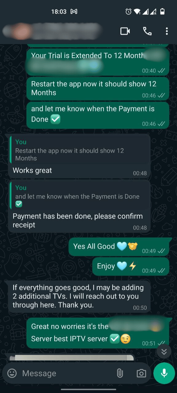 Real customer Telegram review of IPTV Premium USA service – 5 star rating