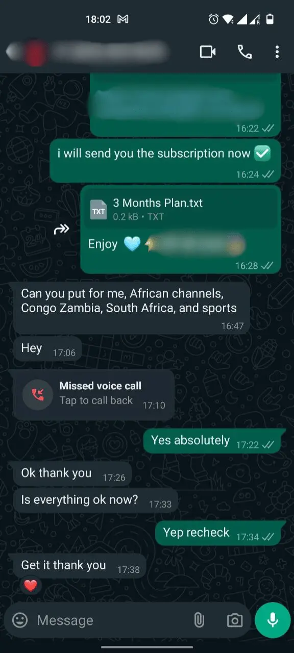 IPTV Premium USA happy customer review screenshot from Telegram